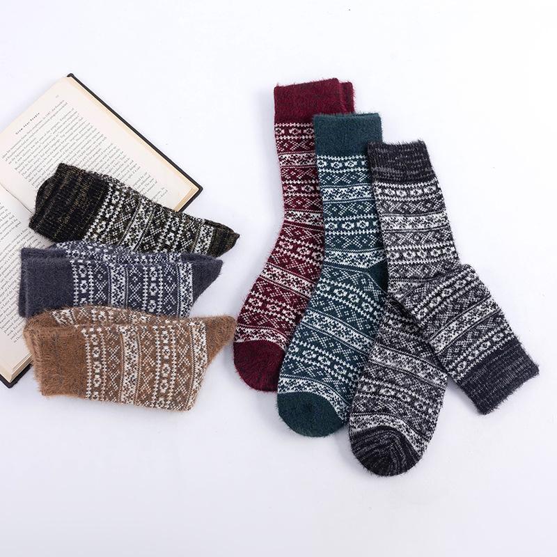 3 Paires de Chaussettes Montantes Chaudes Épaisses en Laine de Lapin Imitation Furets Style National Automne et Hiver pour Homme