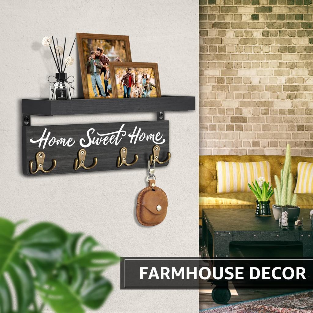 Wooden Key Holder for Wall with Shelf Home Entryway Decorative Key Hanger for Wall with 4 Double Key Hooks and Mail Organizer