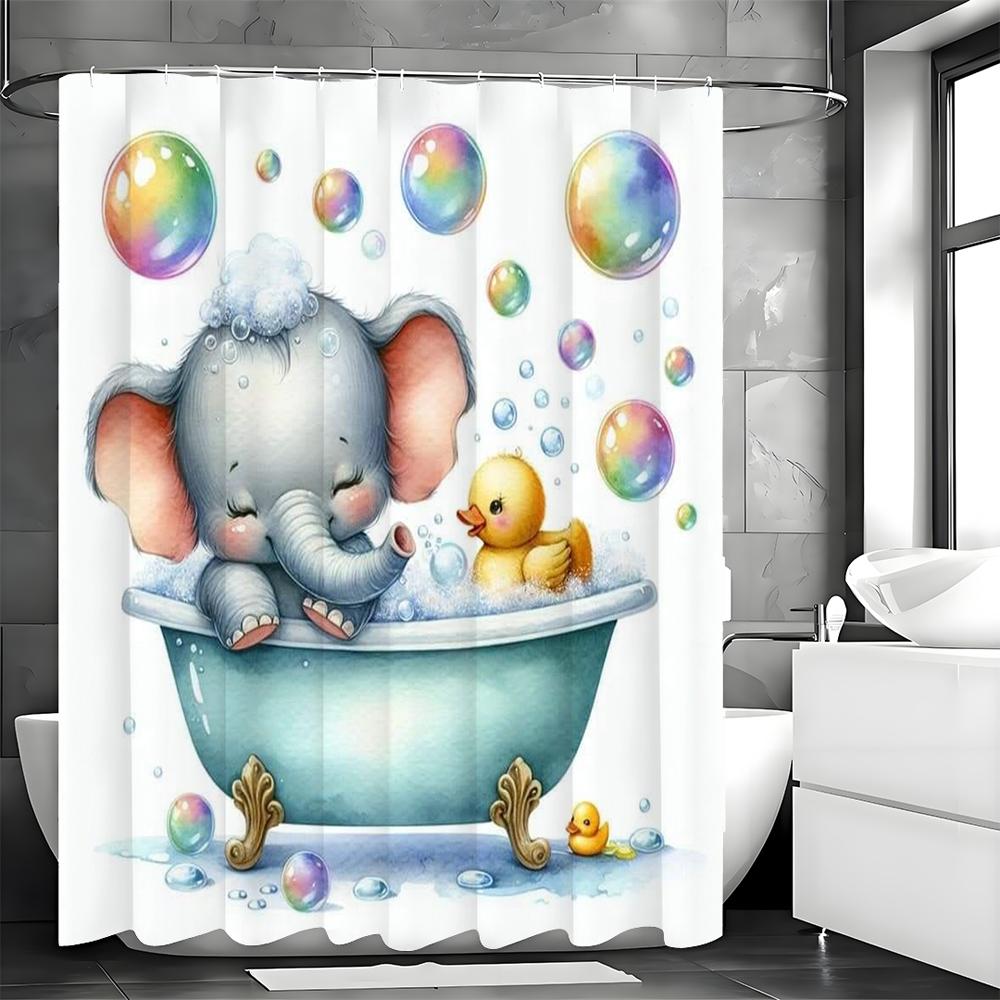 Little Elephant Bath Tub Yellow Duck Bubble Shower Curtain, Bathroom Decorative Shower Curtain, Waterproof Shower Curtain with H