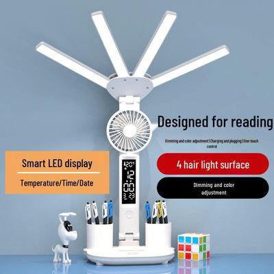Multifunctional LED Table Lamp with Eye Protection, Fan, and USB Charging for Dorms and Bedrooms