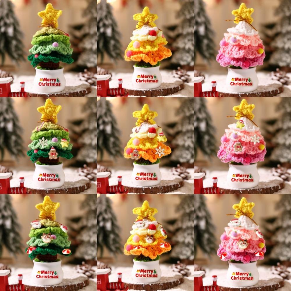 Mini Hand Woven Christmas Tree Crochet Tree Figurines Christmas Tree Decor Finished Tabletop Ornament Christmas Tree Potted
