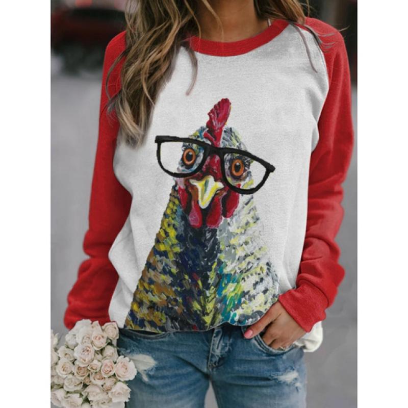 2023 Autumn and Winter New Cute Pet Women's Top Quirky Cow Printed Round Neck T-shirt Harajuku Casual Loose Long Sleeve Pullover