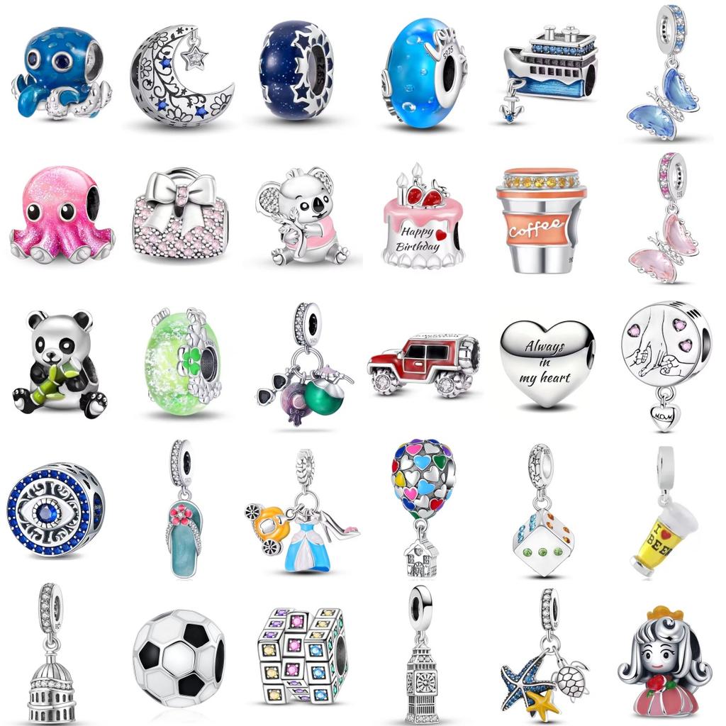 925 Silver New Cute Lovely Octopus Panda Ship Car Beer Slippers Bead Pendant Charm Fit Original Bracelet DIY Jewelry Gift