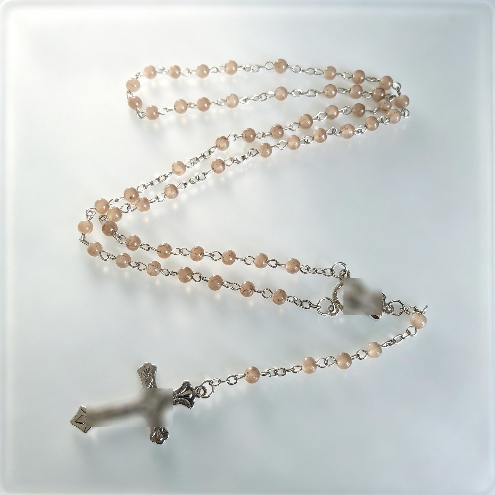 4mm Glass Imitation Jade Bead Cross Pendant Rosary Necklace