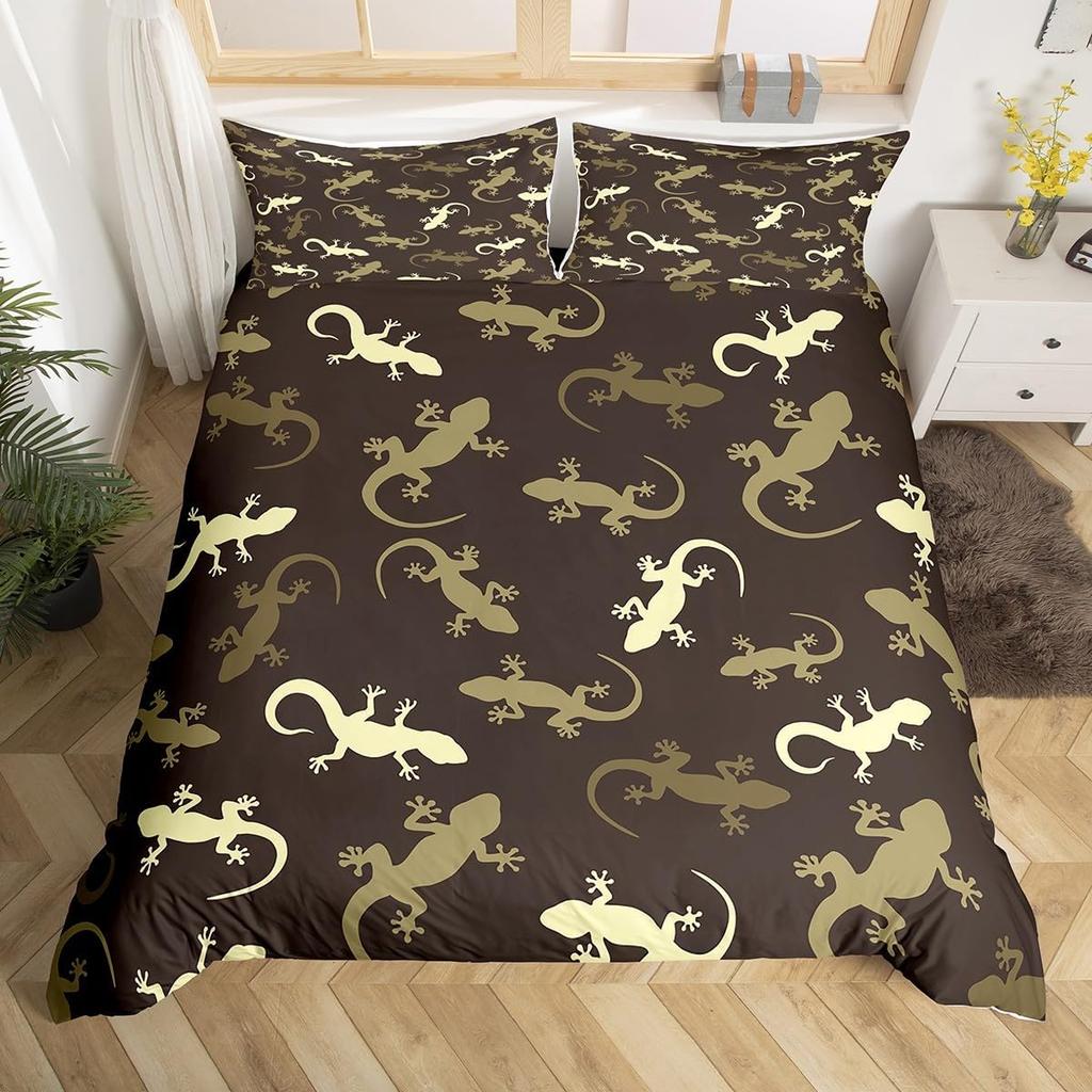 Eidechse Reptilien Bettbezug Geschenk für Jungen Mädchen Lustiges Gecko Bettwäscheset Full Queen Mikrofaser Niedliches Tiermotiv Bettdeckenbezug