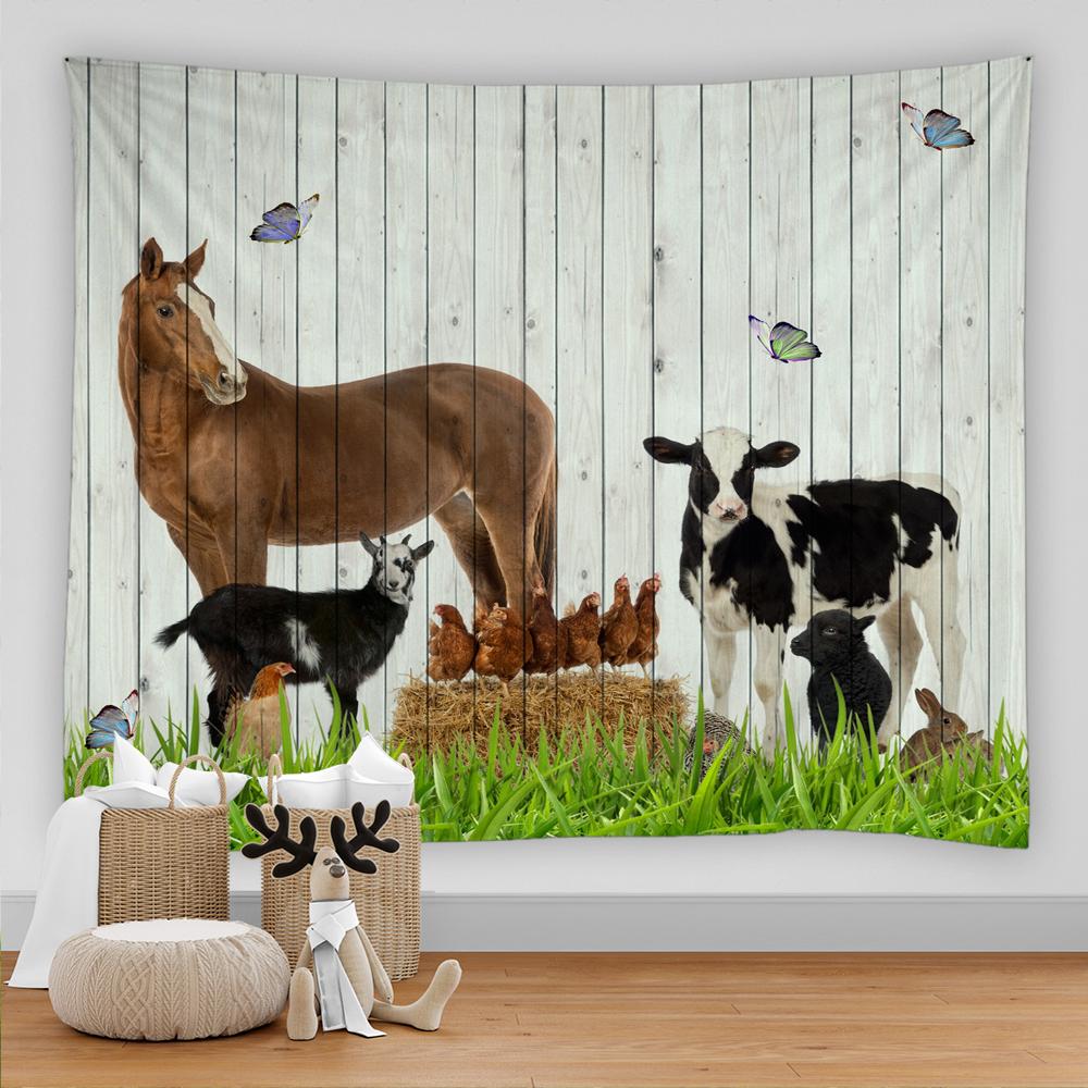 Vintage Retro Wood Grain Farm Animal Tapestry Wall Hanging Flowers and Plants Horse Cow Chicken Tapestry Home Decor
