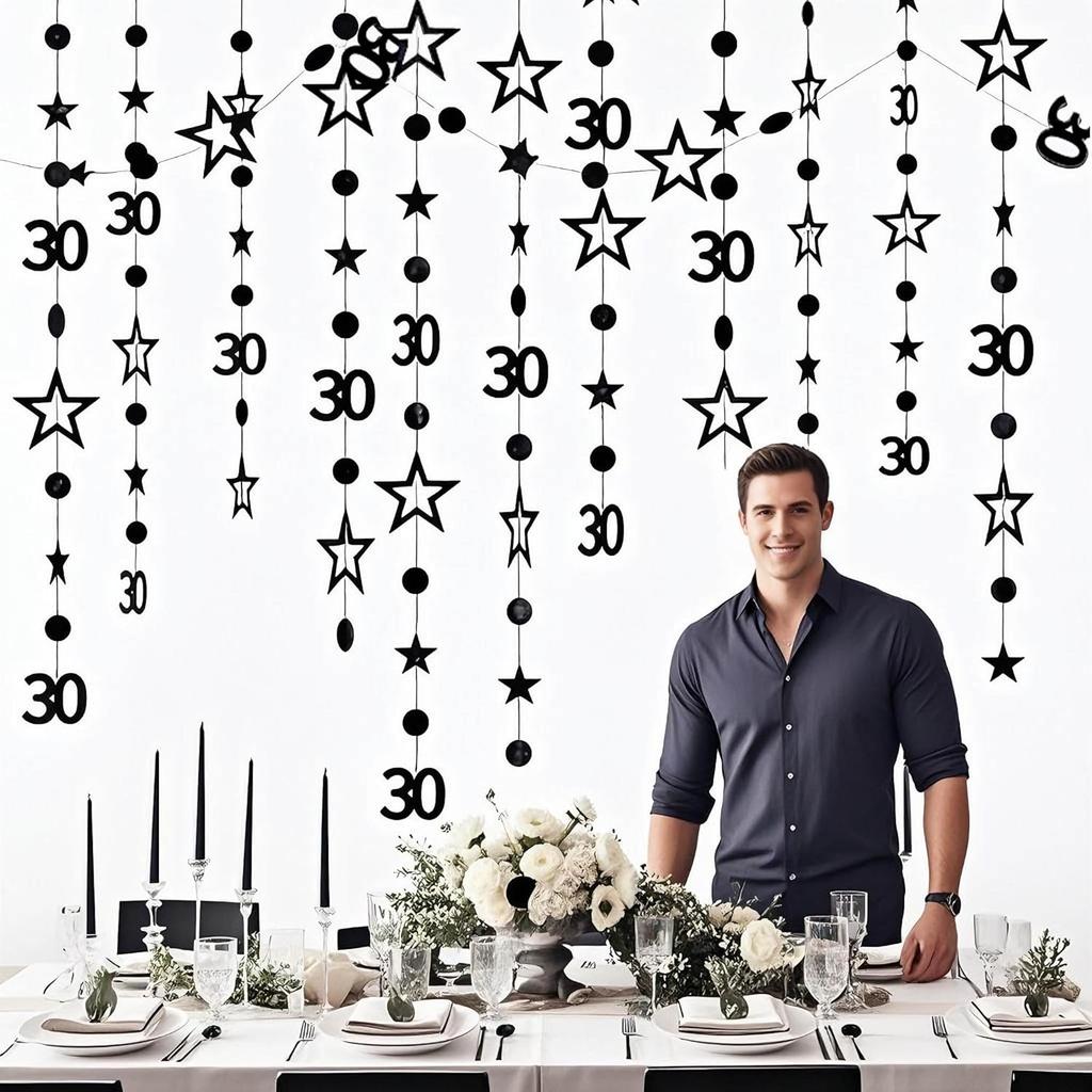 Black 30th Birthday Garland Black 30 Circle Dot Twinkle Star Streamer Hanging Bunting Banner Backdrop for Him/Her 30 Years Old Birthday Party
