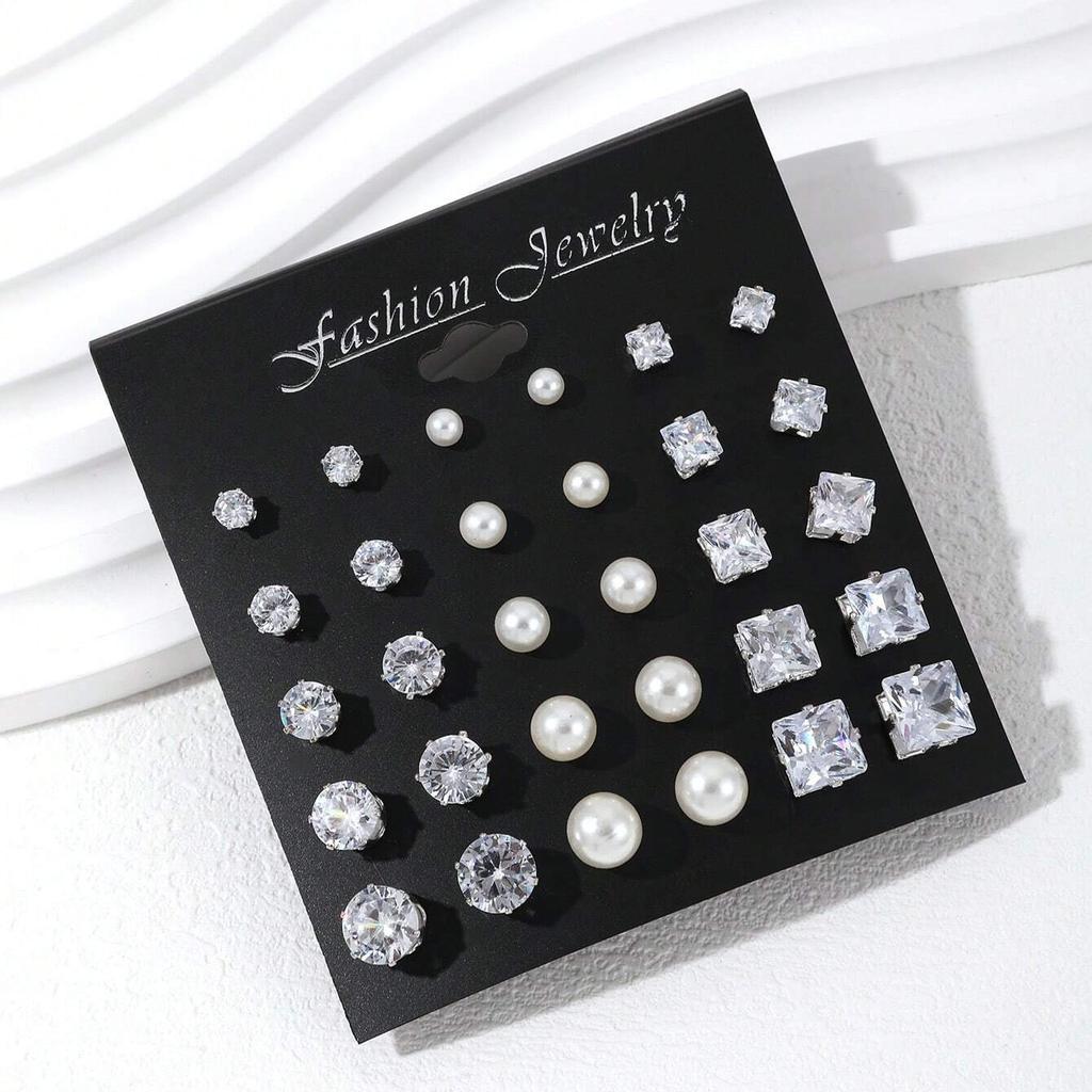 Foreign trade hot-selling geometric six-claw heart-shaped triangle crystal zircon set stud earrings retro temperament pearl stud earrings