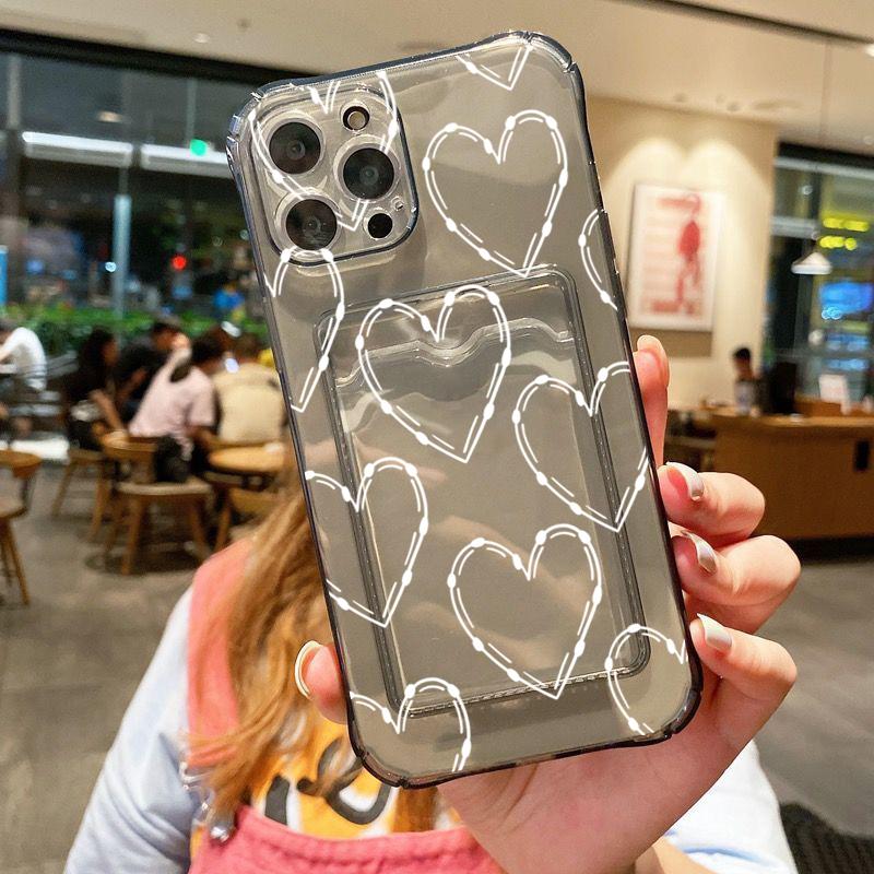 For iPhone 16 15 Pro Max Case White Big Love Heart Clear Phone Cases For iPhone 14 13 12 11 XS XR 7 8 Plus Wallet Card Bag Cover
