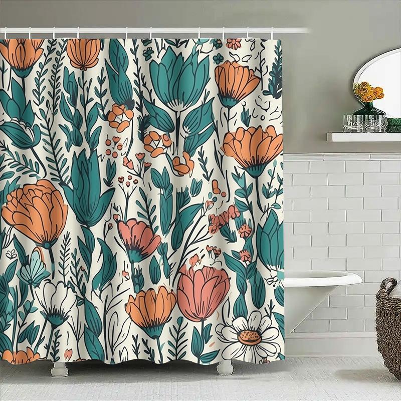 Floral Print Shower Curtain Waterproof Bathroom Decor Fabric Shower Caves With Hooks, Green Orange 3D Pattern (72X84 Inches)