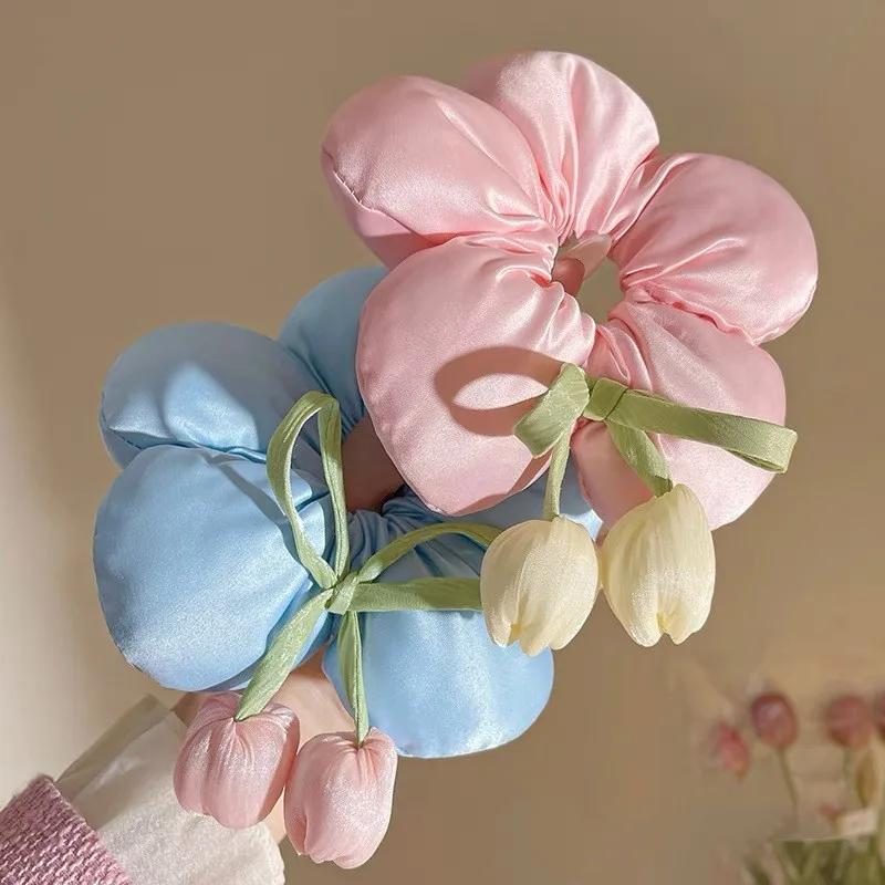 Essenziali Primaverili Tessuto Grande Fiore Corda per Capelli per Donna Moda Fiocco Frangia Tulipano Elastici per Capelli Ragazza Carina Non Danneggia i Capelli