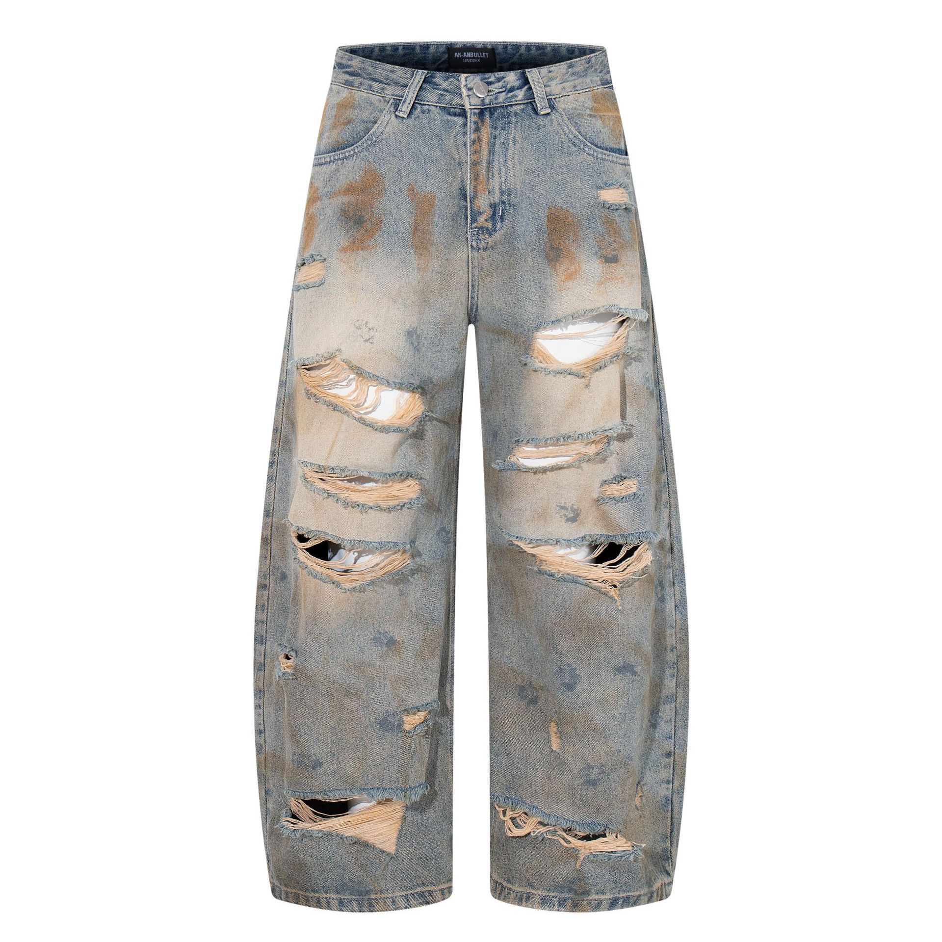 Men s clothing American high street wasteland wind rust washed ripped jeans wide-leg trousers S синий