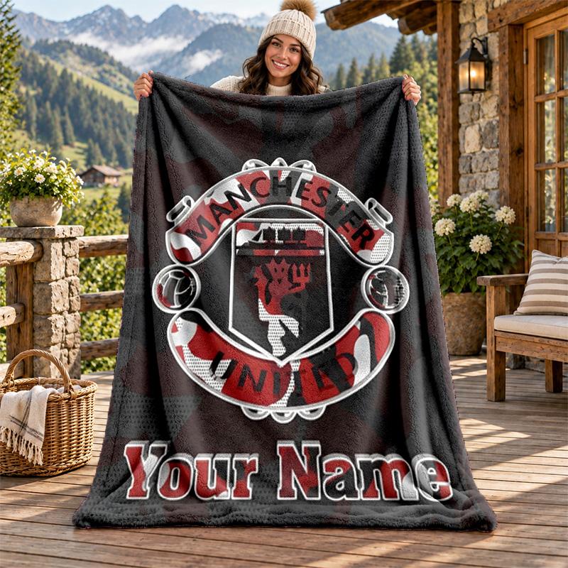 FC Manchester Custom Name Flannel Blanket Personalized Soft Warm Plush Throw Blanket Customized Gift for Family Friends