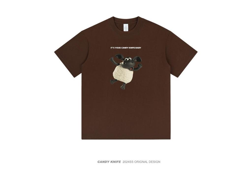 Trendy Oversized Cartoon Lamb Print Unisex T-Shirt - Round Neck, Short Sleeve