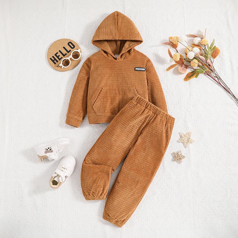 

Trendy Brown Hooded Long Sleeve Sweatshirt And Pants Kids Set For Girls Aged 3 To 8 StyleA