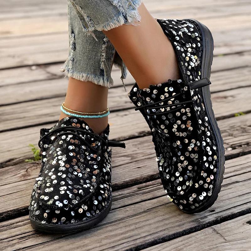 Hot Seller 2024 Novelty Shiny Sequins Flat Loafers Women's Shallow Mouth Lacing Soft Bottom Sneakers Solid Slip-on Large Size 43
