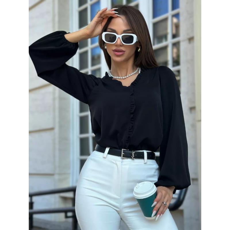 Spring and autumn new long-sleeved ruffle shirt women s shirt S чёрный