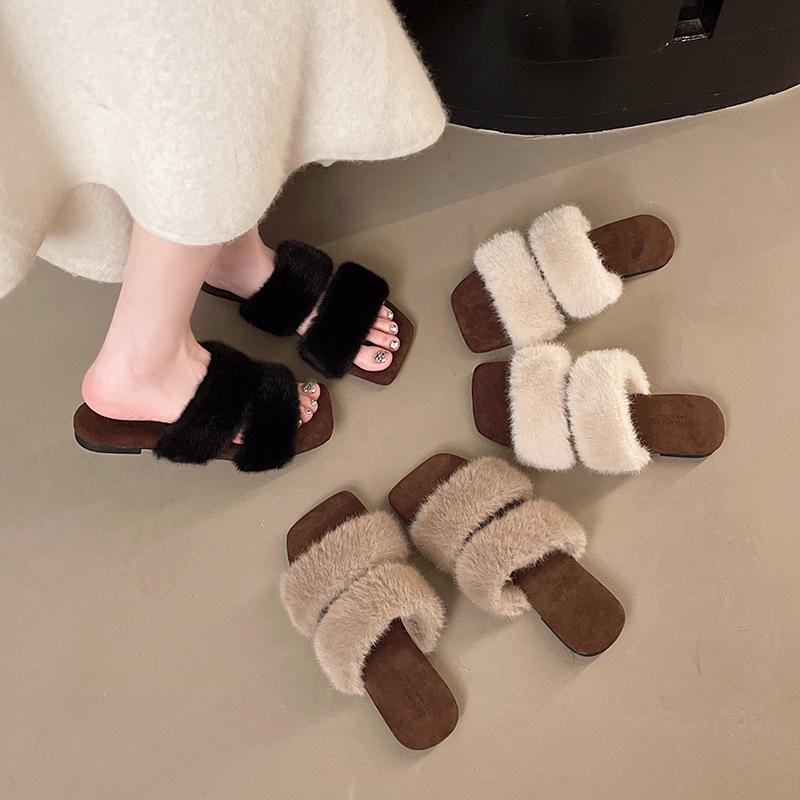 French Flat-bottomed Fluffy Slippers Women's Outer Wear 2025 New Autumn and Winter Skirt Home Fluffy One-word Cotton Slippers