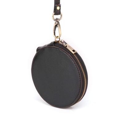Women's Coin Purse, Genuine Leather Coin Purse, Round, Compact, Small Item Storage, Jewelry Bag (Black)