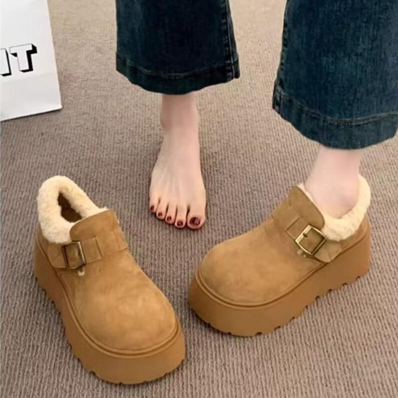 Fashion 2025 Fashionable Versatile Women's Cotton Shoes Thick Bottom Loafers Warm Fleece Lined Flat Heel round Toe Shoes
