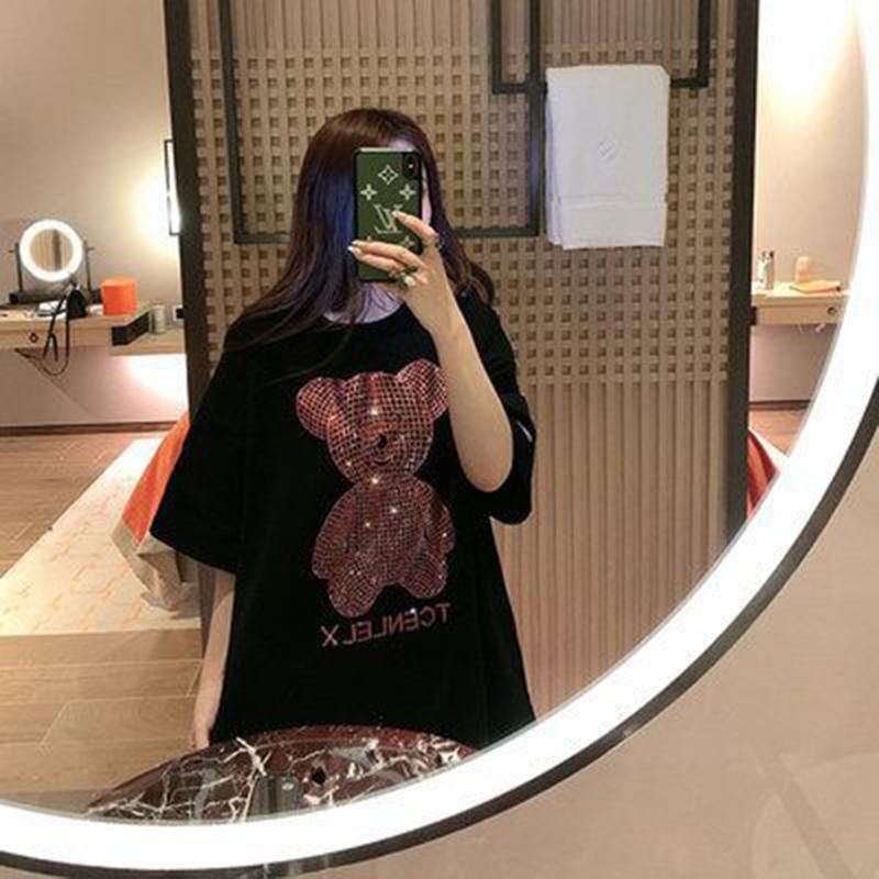 Frauen Shiny Gold Diamond Bear Gedruckt Kurzarm Hip Hop Lose Casual T-shirt