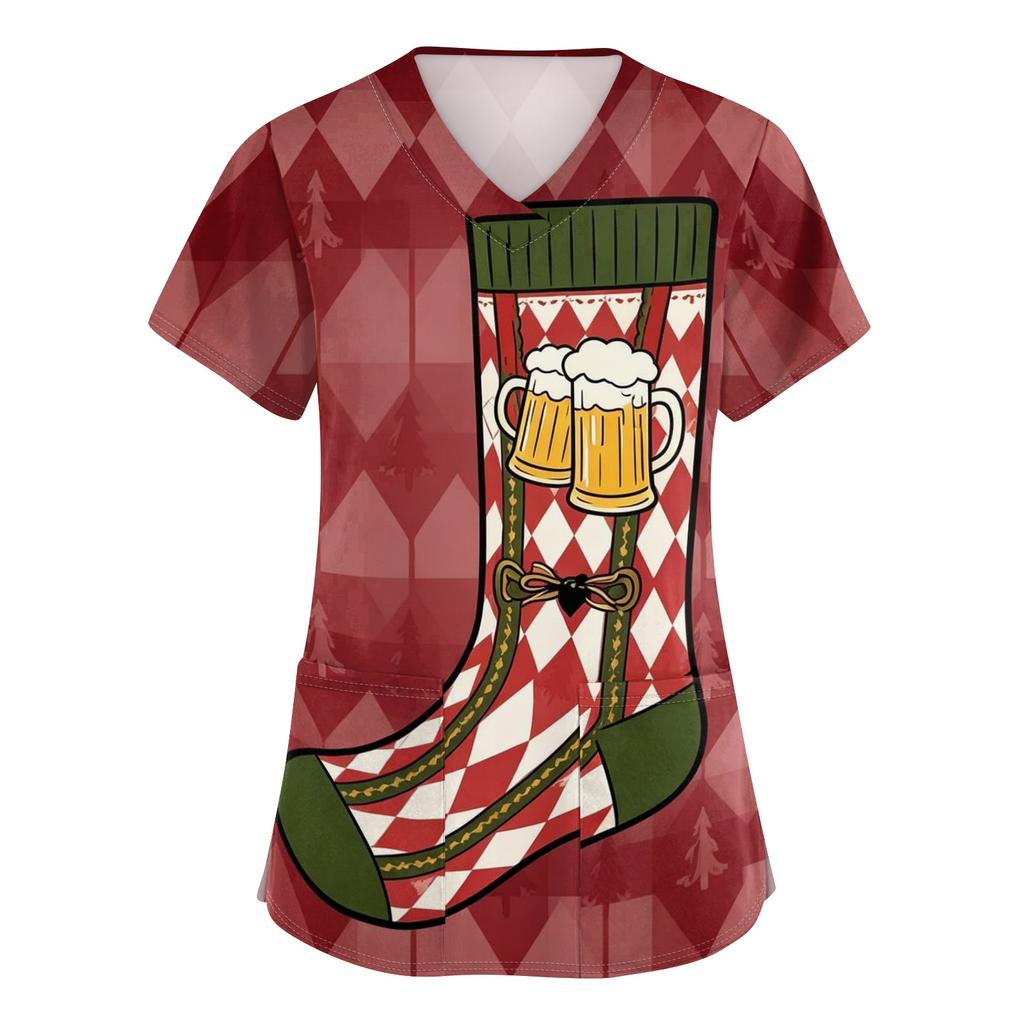 Women's V Neck Short Sleeve Work Shirt with Pockets Oktoberfest Print Nursing Scrub Top Comfortable Fit Lightweight Fabric