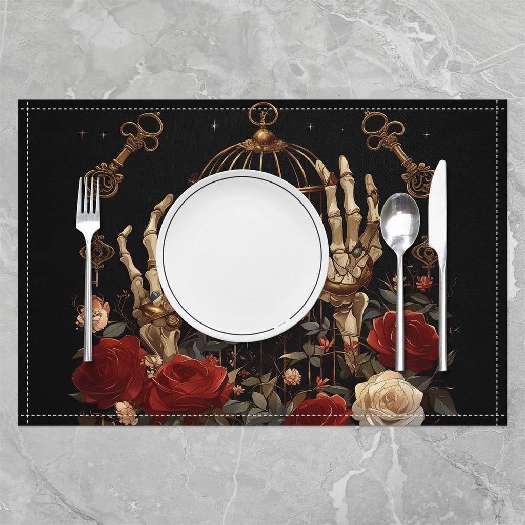 Gothic Table Mats Placemat 12"x18" Sugar Skull Placemats Set of 4 Floral Rose Placemats for Dining Table Indoor