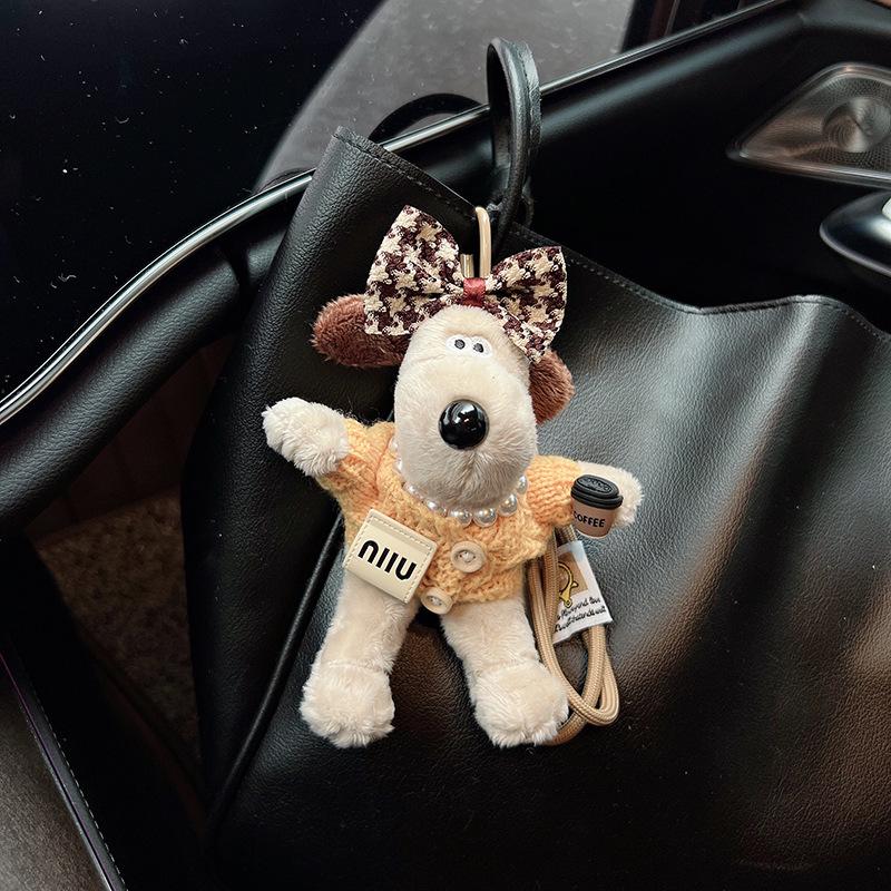 Plush Cartoon Chef Dog Keychain with Bow Tie – Cute Knitted Sweater Design Doll for Bags and Cars