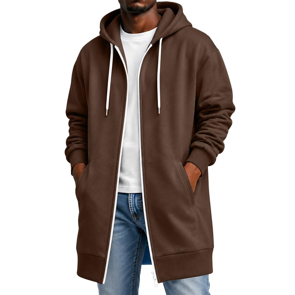Men's Long Sleeve Longline Hooded Jacket with Double Zipper and Pockets