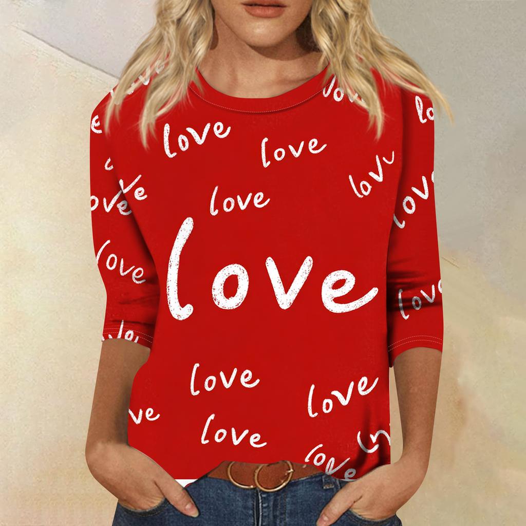 Women's Fashionable Casual Three-quarter Sleeve Valentine's Day Printed Round Neck Top