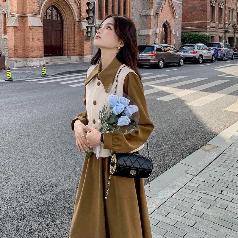 Women's Spring 2024 Long Sleeve Shirt Dress with Fashionable Vest - Two-Piece Set