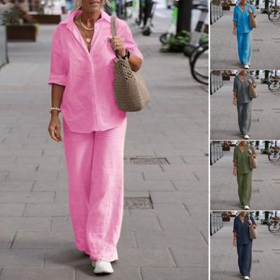 1 Set Women Summer Suit Turn-Down Collar Single-breasted Solid Color Shirt Trousers Two-piece Set Casual Wear Plus Size Cotton Linen