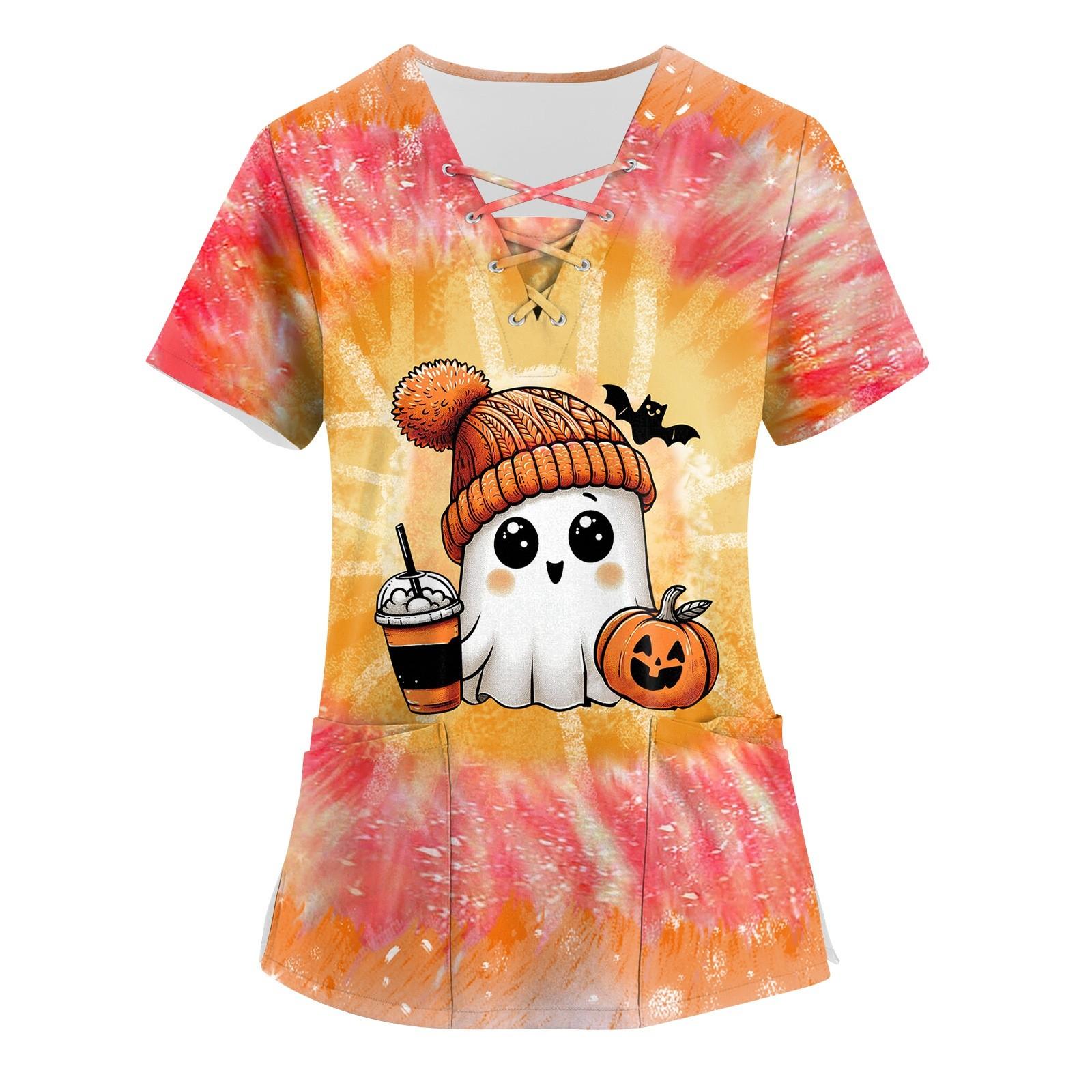 

Женская рабочая одежда с принтом, базовые топы с V-образным вырезом и двухслойными карманами. Пуловер S