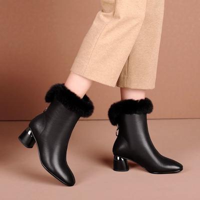Bottes courtes pour femmes à bout pointu, talon épais, bottes en coton, hiver, velours, polyvalentes, tige basse, fourrure, cuir, fermeture éclair arrière