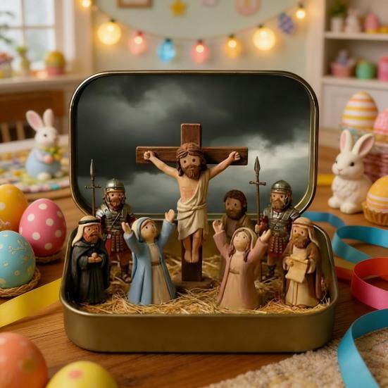 Little Jesus in Tin Box Miniature Jesus Crucifixion Resurrection Scene Ornament Pocket Jesus Figure Set Religious Home Office Desktop Decoration