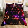 3D Geometrická sada povlaku na přikrývku velikosti Full, Geometrické ložní prádlo Včelí plástev Šestiúhelník S růžovými modrými neonovými světly Sada povlaku na přikrývku