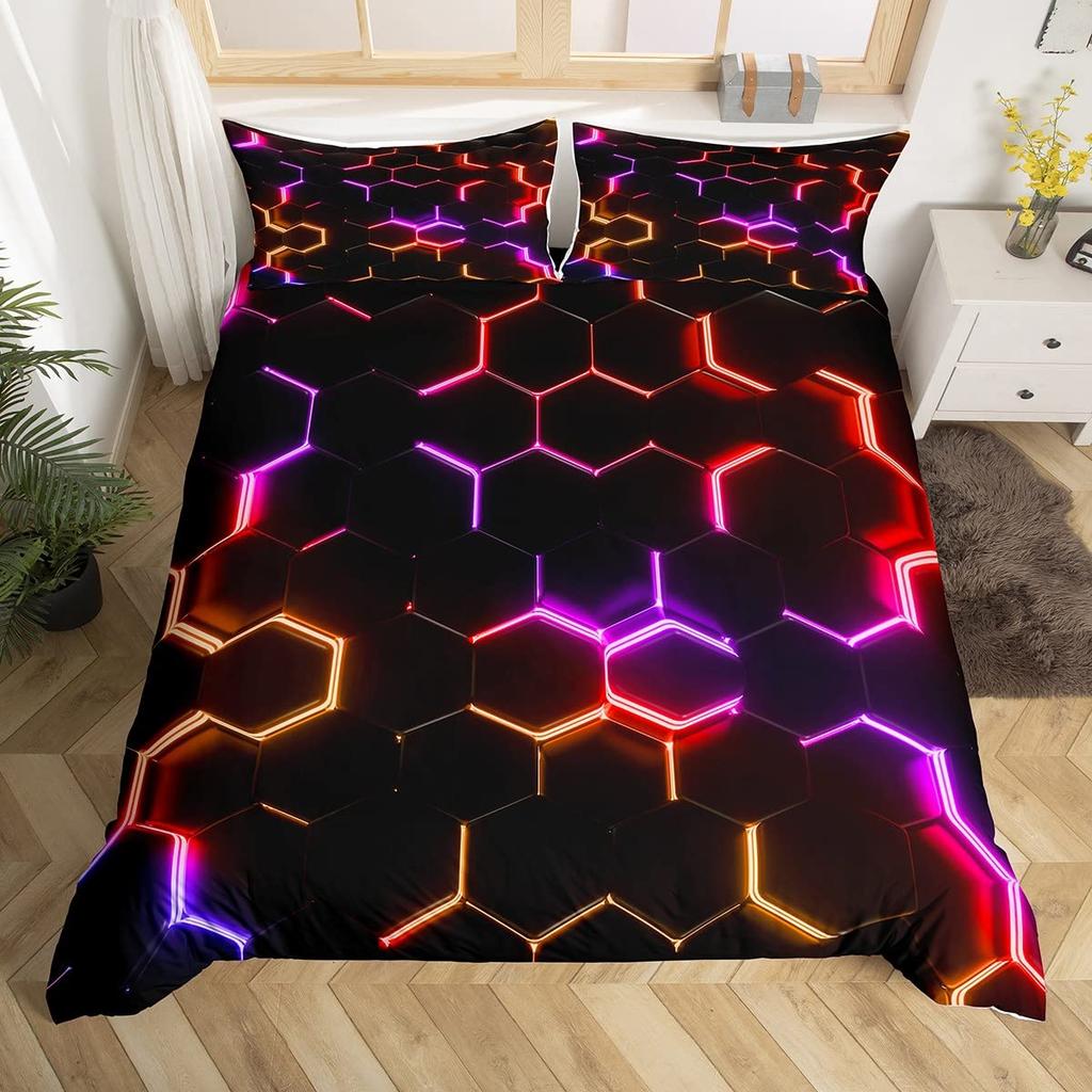 3D Geometric Duvet Cover Set Full Size,Geometry Bedding Sets Honeycomb Hexagon With Pink Blue Neon Lights Comforter Cover Set