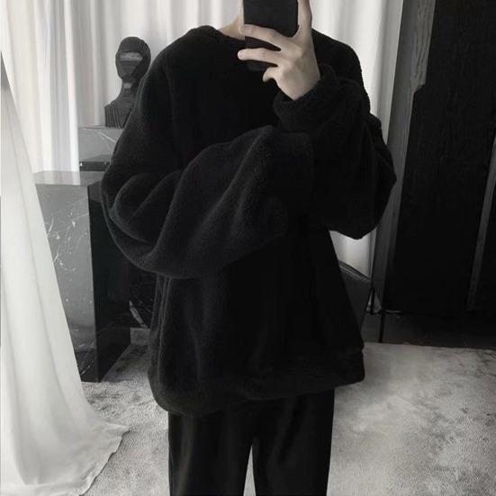 Sweatshirt d'hiver épais à col rond et manches longues pour homme, couleur unie, double face en peluche, coupe oversize