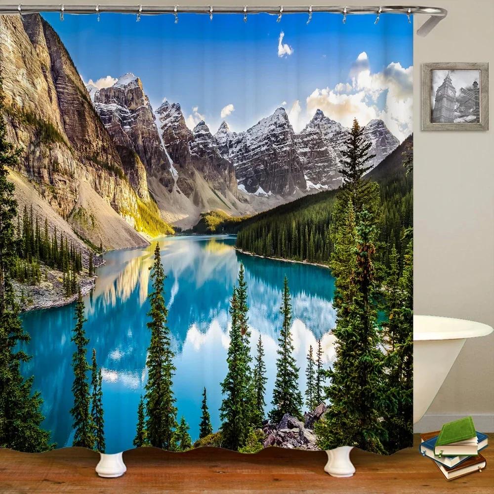 Natur Waldlandschaft Duschvorhänge Badezimmervorhang Stoff Wasserdicht Polyester Landschaft Badevorhang mit Haken