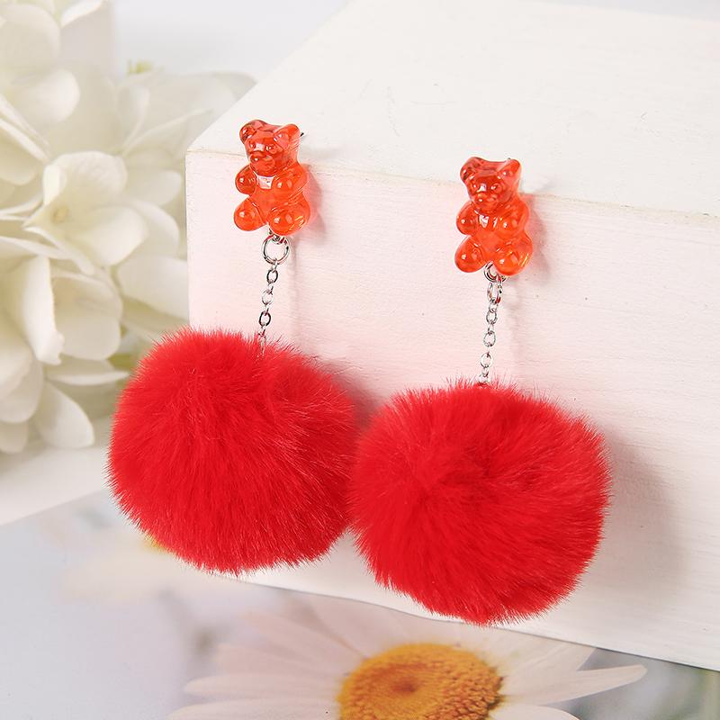 1Pair Cute Pompom Stud Earring Multicolours Resin Candy Bear Charms  With Puffer Ball Fashion Woman Jewelry Birthday Gift