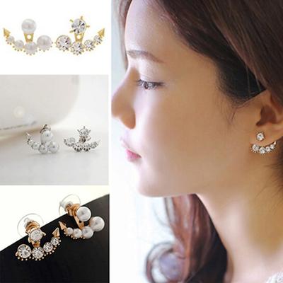 Ear Stud Asymmetric Fashion Faux Pearl Ear Studs with Rhinestone for Women