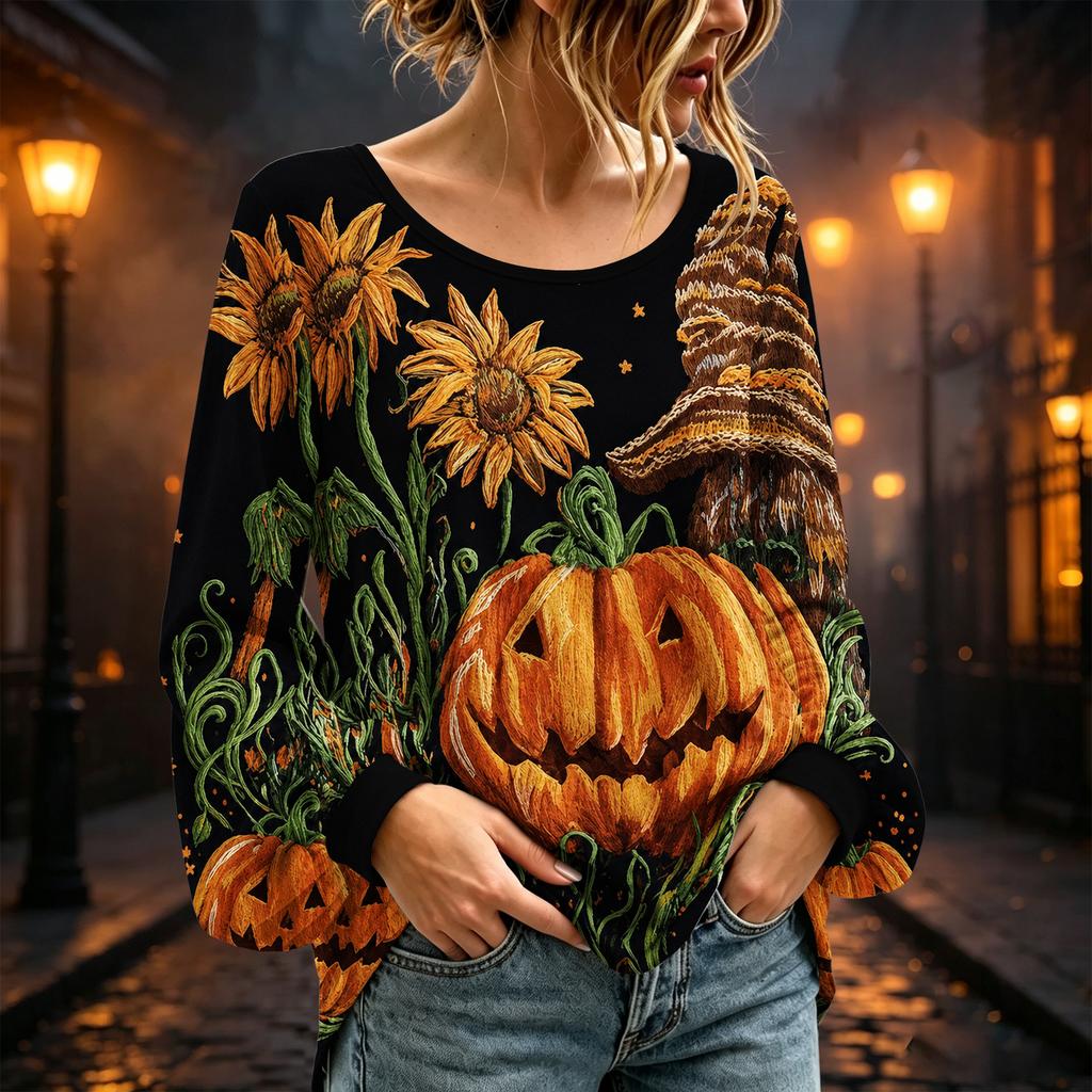 Women's Round Neck Long Sleeve Halloween Print Blouse Top for Party Wear