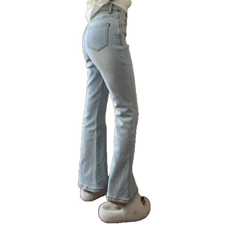 Light Wash Plus Velvet High-Waisted Petite Flare Jeans for Women - Winter Plus Size, Chubby Girls' Hip-Covering Elastic Pants