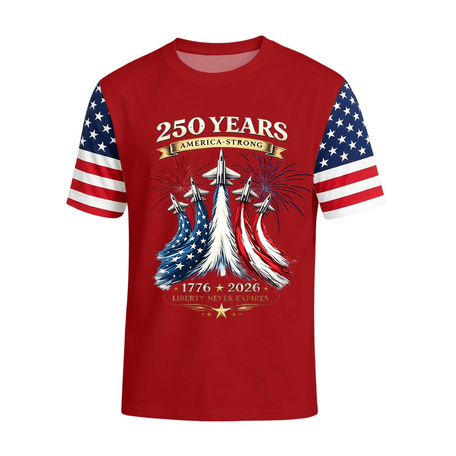 

Men s Short Sleeve Crew Neck T Shirt with 250 Years America Strong Print and Star Stripe Sleeve Design for Casual Wear L