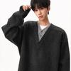 Men's Retro V-Neck Knit Sweater - Two-Piece Look, Lazy Style Pullover for Autumn/Winter, Loose Long Sleeve Polo.