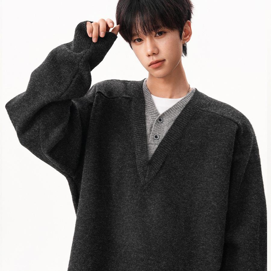 Men's Retro V-Neck Knit Sweater - Two-Piece Look, Lazy Style Pullover for Autumn/Winter, Loose Long Sleeve Polo.