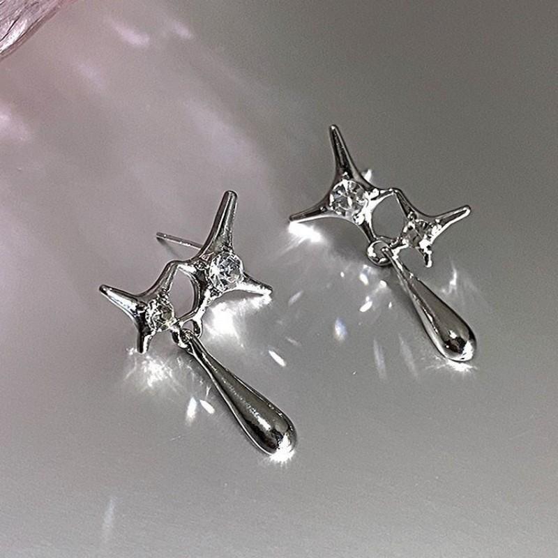 Fashion Silver Color Cross Star Zircon Stud Earrings for Women Korean Four-Pointed Star Personality Earrings Jewellery