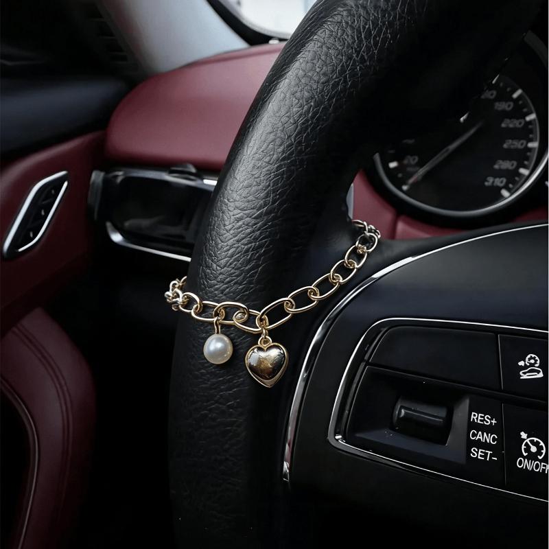 Vintage Gold Chain Steering Wheel Decor - Pearl And Coin Pendant Fashionable Car Interior Accessories