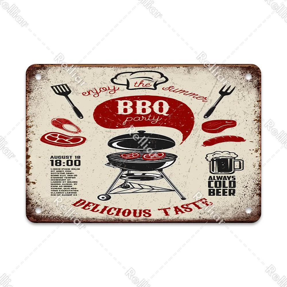 BBQ Party Metal Tin Plaque Retro Yard Garden Wall Decoration Signs Marked Barbecue Rules Slogan Plate Vintage Grill Poster