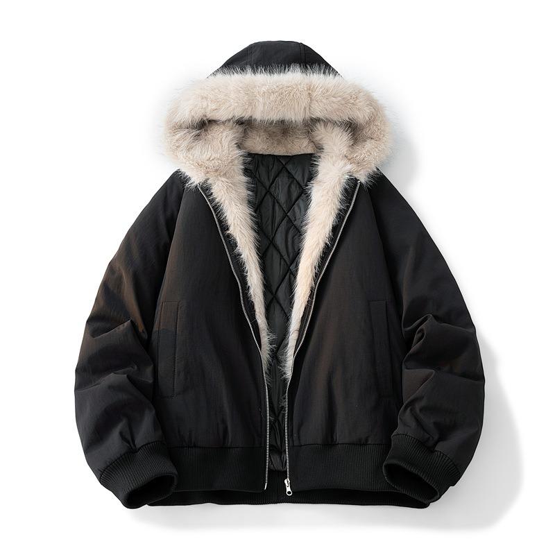 Men's Winter Hooded Bomber Jacket Artificial Fur Lined Quilted Warm Casual Outerwear